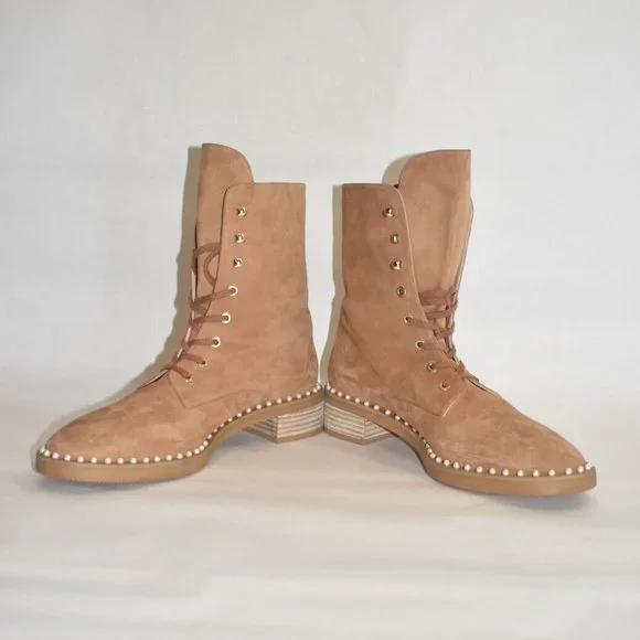 $750 STUART WEITZMAN Sondra Pearl Combat LACE UP Boot SUEDE TAN 9.5 (PA15)